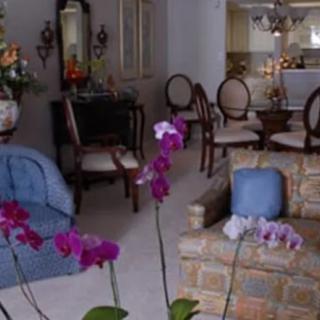 A cozy living room with elegant furniture and vibrant orchids accenting the decor.