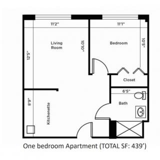 One-bedroom apartment floor plan with a total area of 435 square feet.