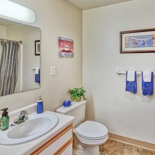 A neatly arranged bathroom with a sink, mirror, toilet, and blue towels.