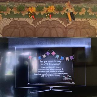 A television screen displaying a setup message in a cozy living room with decorative items above.