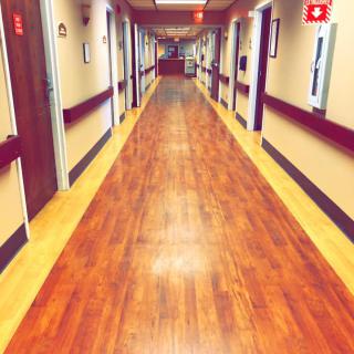 A long, well-lit hospital corridor with wooden floors and multiple patient rooms on either side.