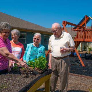 A group of seniors enjoying outdoor gardening in a community setting.