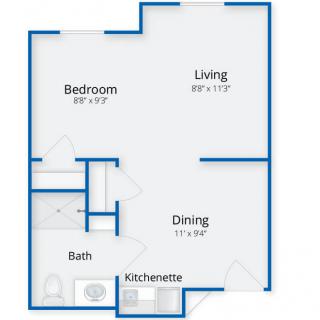 A simple floor plan of a one-bedroom apartment featuring a living room, dining area, kitchenette, bathroom, and bedroom.