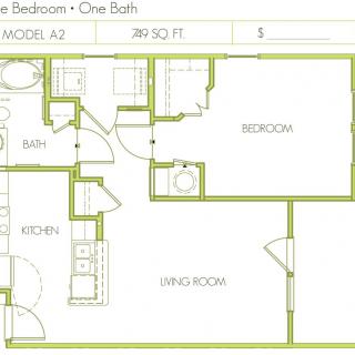 A floor plan of a one-bedroom, one-bathroom apartment layout.
