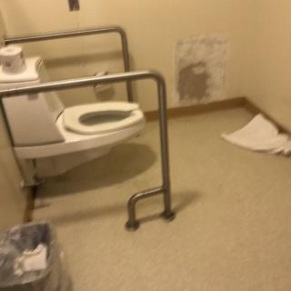 An accessible bathroom with handrails and a wall-mounted toilet.