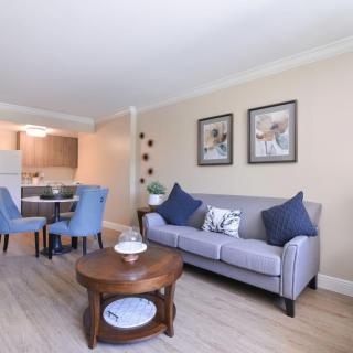A cozy living room with a sofa, coffee table, and dining area in the background.