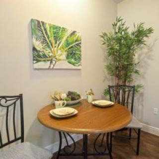 A cozy dining area featuring a round wooden table with two chairs, complemented by a tall indoor plant and artwork on the wall.