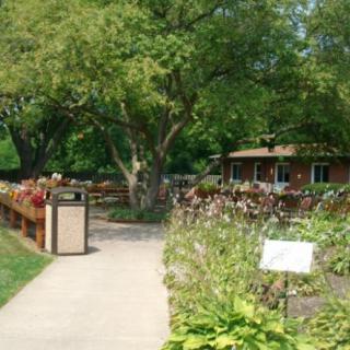 A scenic view of a garden pathway surrounded by lush greenery and colorful flowers.