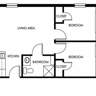 A floor plan of a two-bedroom apartment featuring a living area, kitchen, bathroom, and closets.