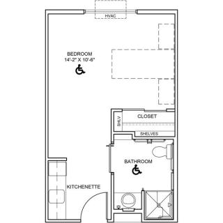 A simple floor plan of an apartment with a kitchenette, bedroom, and bathroom.