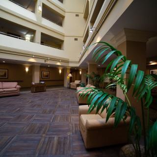 A spacious hotel lobby with modern furnishings and greenery.