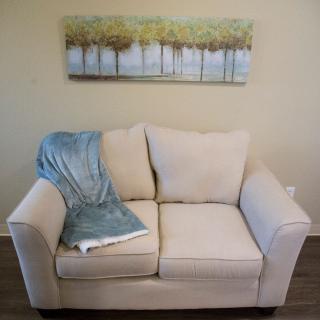 A cozy living room setup featuring a beige sofa with a blue blanket and a landscape painting on the wall.