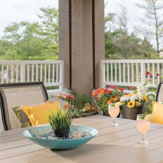 A serene patio setting with colorful flowers, refreshing drinks, and comfortable seating, perfect for relaxing outdoors.