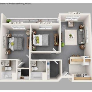 3D floor plan of a two-bedroom apartment with a kitchen and two bathrooms.