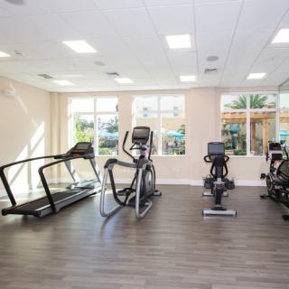 A modern gym with various exercise machines including treadmills, ellipticals, and stationary bikes.