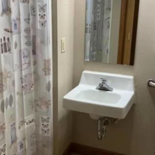 A small bathroom with a wall-mounted sink and a patterned shower curtain.