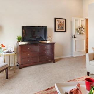 A cozy living room with a television on a wooden dresser, surrounded by comfortable furniture and decor.