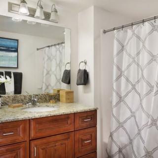 A modern bathroom with wooden cabinets, a granite countertop, and a patterned shower curtain.