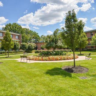 A serene park area with benches, surrounded by lush grass and trees, under a partly cloudy sky.