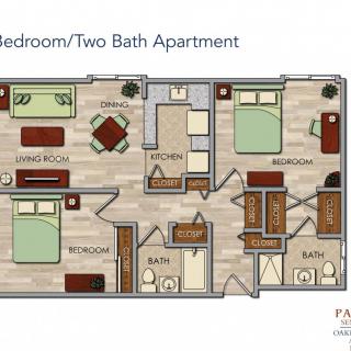 A floor plan of a two-bedroom, two-bath apartment layout.
