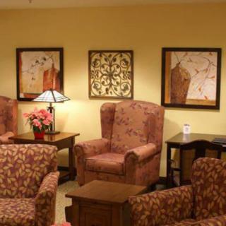 A cozy living room with patterned armchairs, decorative art on the walls, and a table lamp creating a warm ambiance.