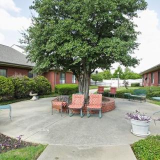 A peaceful courtyard with chairs and a central tree providing shade.
