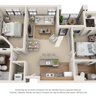 A 3D floor plan of a two-bedroom apartment featuring a living room, kitchen, dining area, and bathroom.