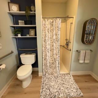A modern bathroom with a shower, toilet, and decorative shelving.