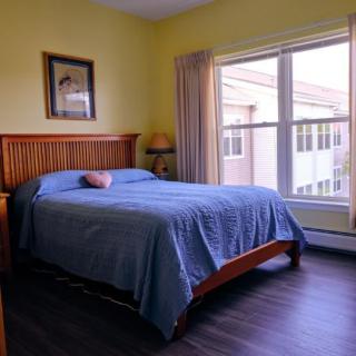 A cozy bedroom with a wooden bed frame, blue bedding, and large windows letting in natural light.