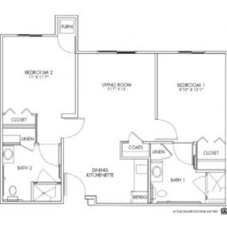 Blueprint of a two-bedroom apartment layout.