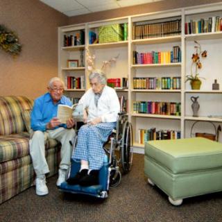 Two elderly individuals are sitting in a cozy room with bookshelves, engaging in conversation. One is seated in a wheelchair while the other sits on a sofa.