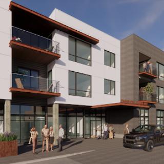 A modern residential building featuring sleek architecture and spacious balconies.