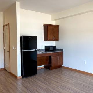 A minimalist apartment kitchen with a refrigerator, microwave, and wooden cabinetry.