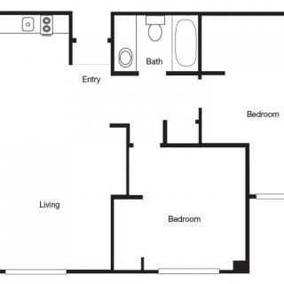 A simple floor plan of an apartment showcasing the layout of rooms, including a living room, bathroom, kitchen, and bedroom.