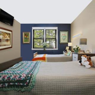 A cozy bedroom with twin beds, adorned with colorful decor and surrounded by art and greenery.