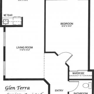 A floor plan of a one-bedroom apartment, showing the layout of the living room, kitchen, bedroom, and bathroom.