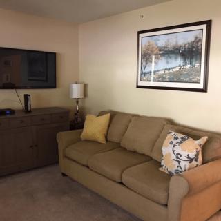 A cozy living room with a brown sofa, decorative pillows, a wall-mounted television, and artwork.