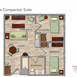 A floor plan of a companion suite featuring bedrooms, a living room, and bathroom.