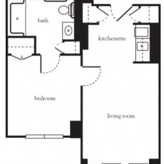 A floor plan of a one-bedroom apartment featuring a living room, kitchen, and bathroom.