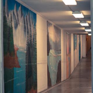 A corridor adorned with vibrant murals, showcasing artistic landscapes and captivating colors.