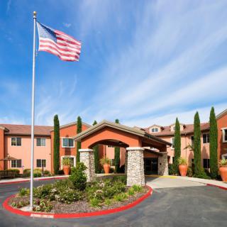 A building entrance with a prominent American flag and landscaped surroundings.