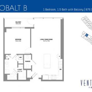 Floor plan of the Cobalt B apartment featuring 1 bedroom, 1 bathroom, and a balcony.