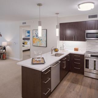 A modern kitchen with dark wood cabinets and stainless steel appliances in an open floor plan.