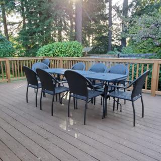 A patio set with a table and chairs on a wooden deck surrounded by trees.
