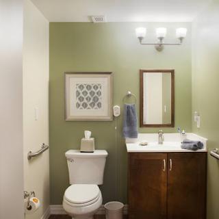 A modern bathroom featuring green walls, a toilet, sink with wood cabinetry, and tasteful decor.