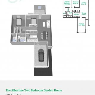 3D floor plan of a modern two-bedroom house with a garage.