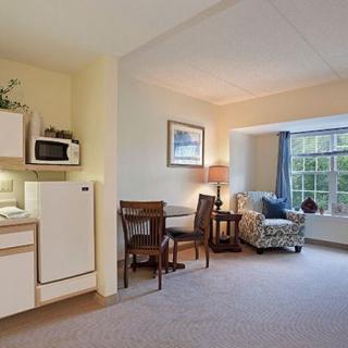 A bright and cozy living space featuring a kitchenette and comfortable seating area.