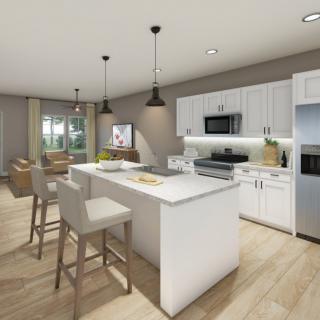 Modern kitchen with an island, open layout, and stylish pendant lighting.