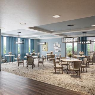 A modern dining area with elegant furnishings and decor.