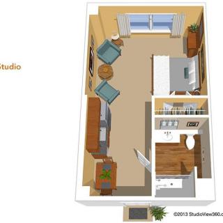 3D floor plan of a studio apartment showcasing furniture layout and interior design.